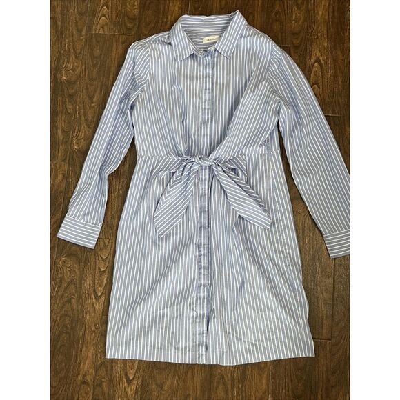 CALVIN KLEIN BLUE WHITE STRIPED LONG SLEEVE BUTTON UP TIE COTTON SHIRT DRESS 6? - Picture 9 of 15